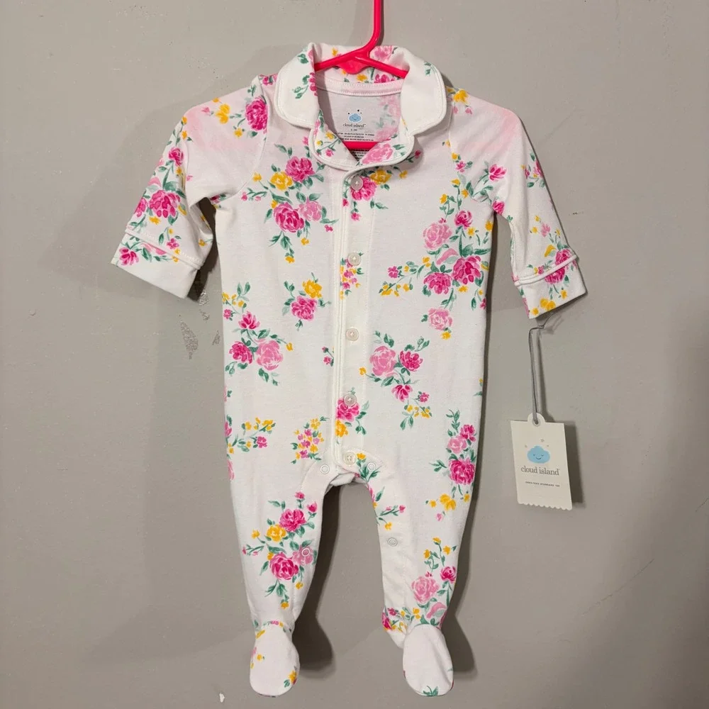 Cloud Island Floral Footed Sleeper Baby 0-3M White Pink NEW Peter Pan Collar Ros
